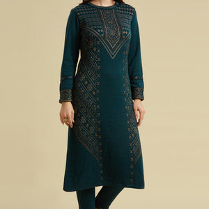Dark Teal Floral Woolen Top Bottom Set