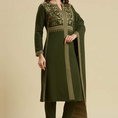 Mehandi Green Floral Woolen Salwar Suit