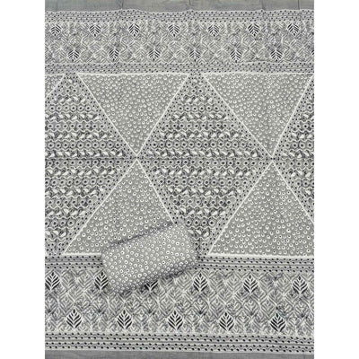 Grey Printed With Embroidered Cotton Blend Dress Material