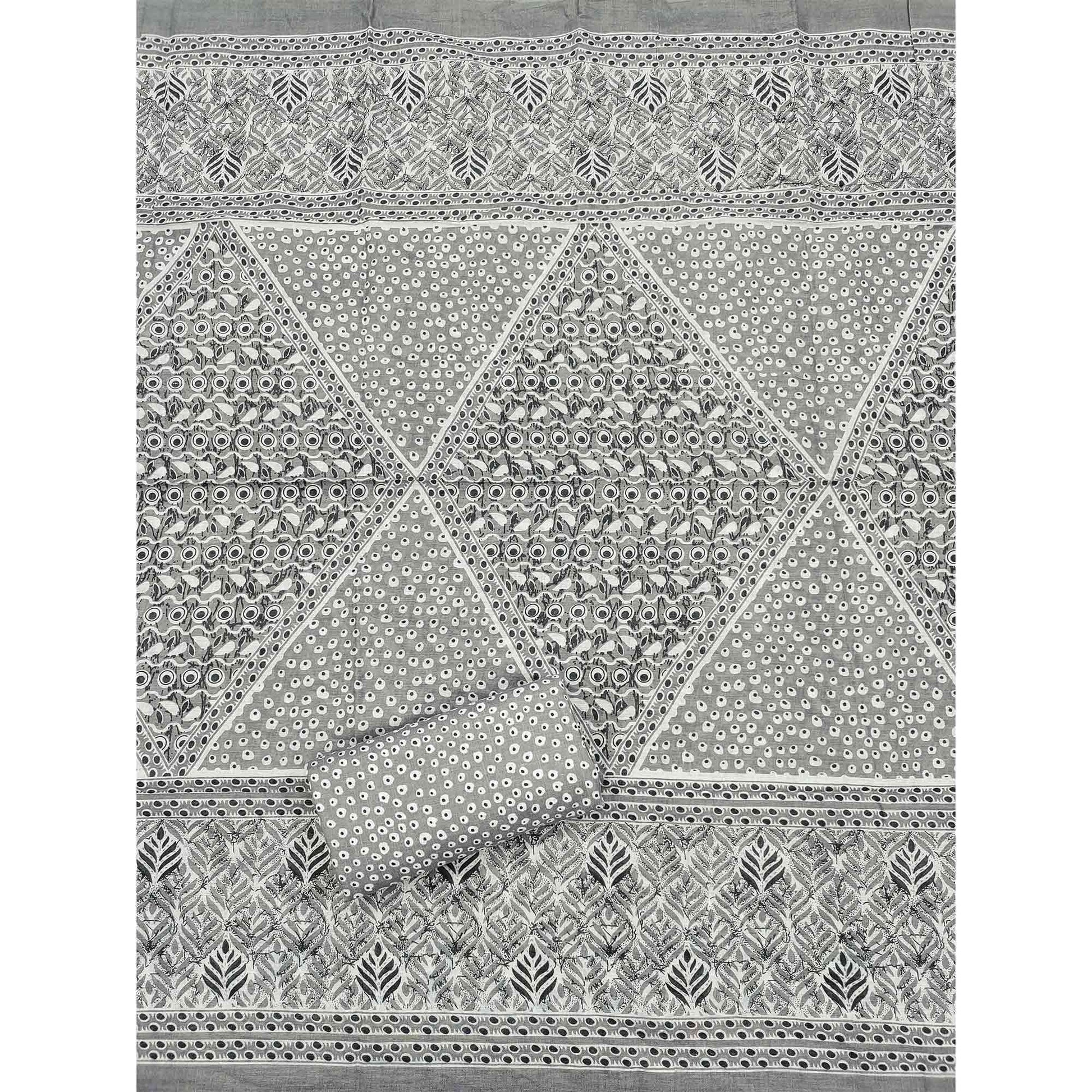 Grey Printed With Embroidered Cotton Blend Dress Material