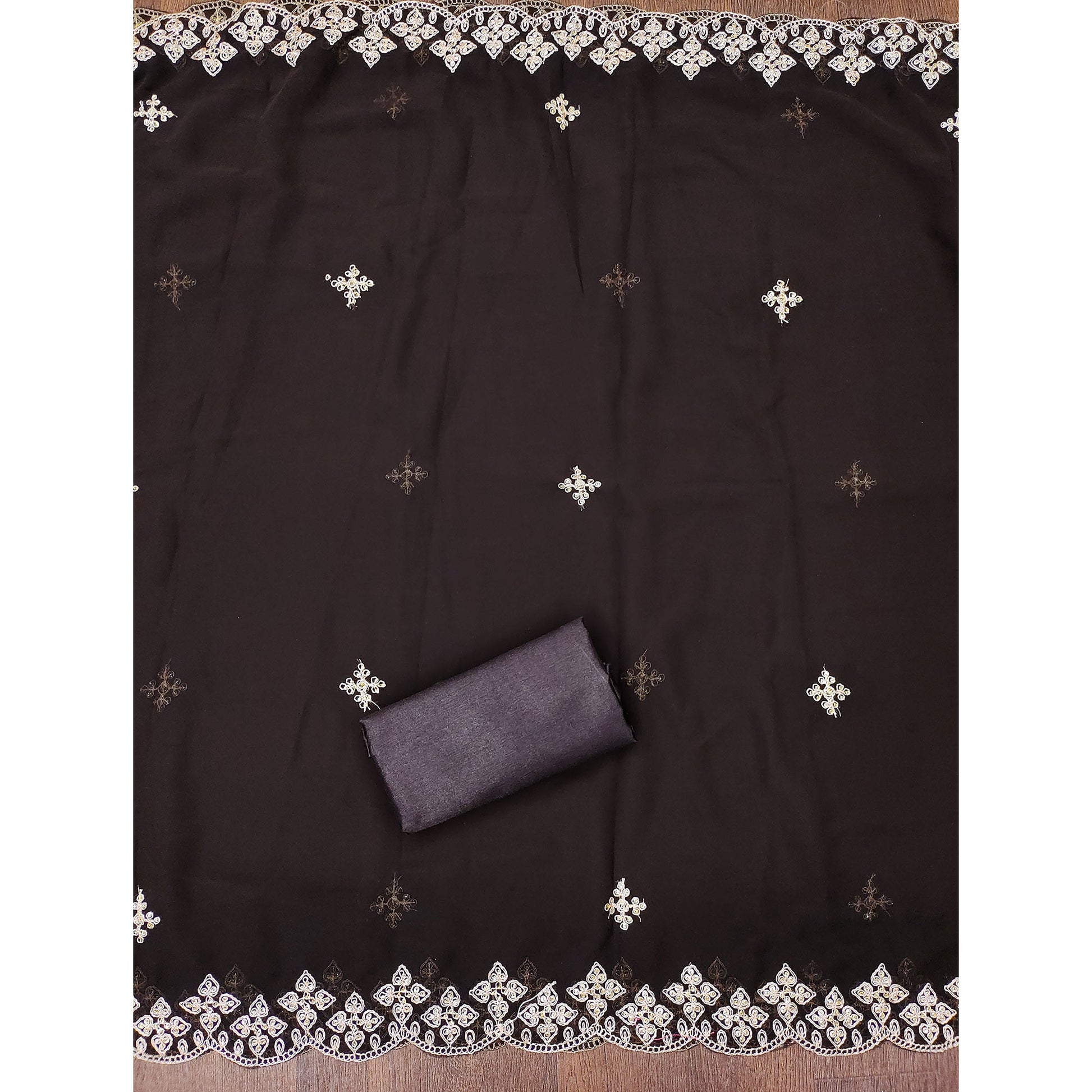 Brown Floral Embroidered Georgette Dress Material
