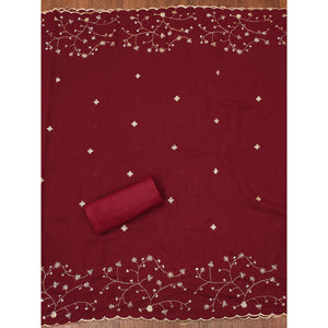 Maroon Floral Embroidered Vichitra Silk Dress Material