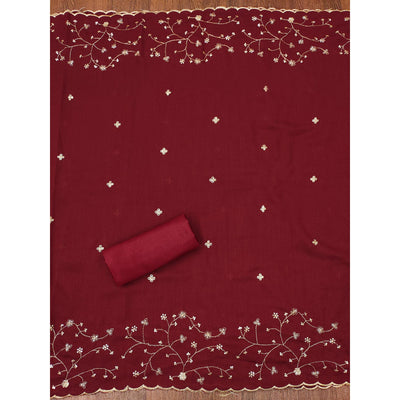Maroon Floral Embroidered Vichitra Silk Dress Material
