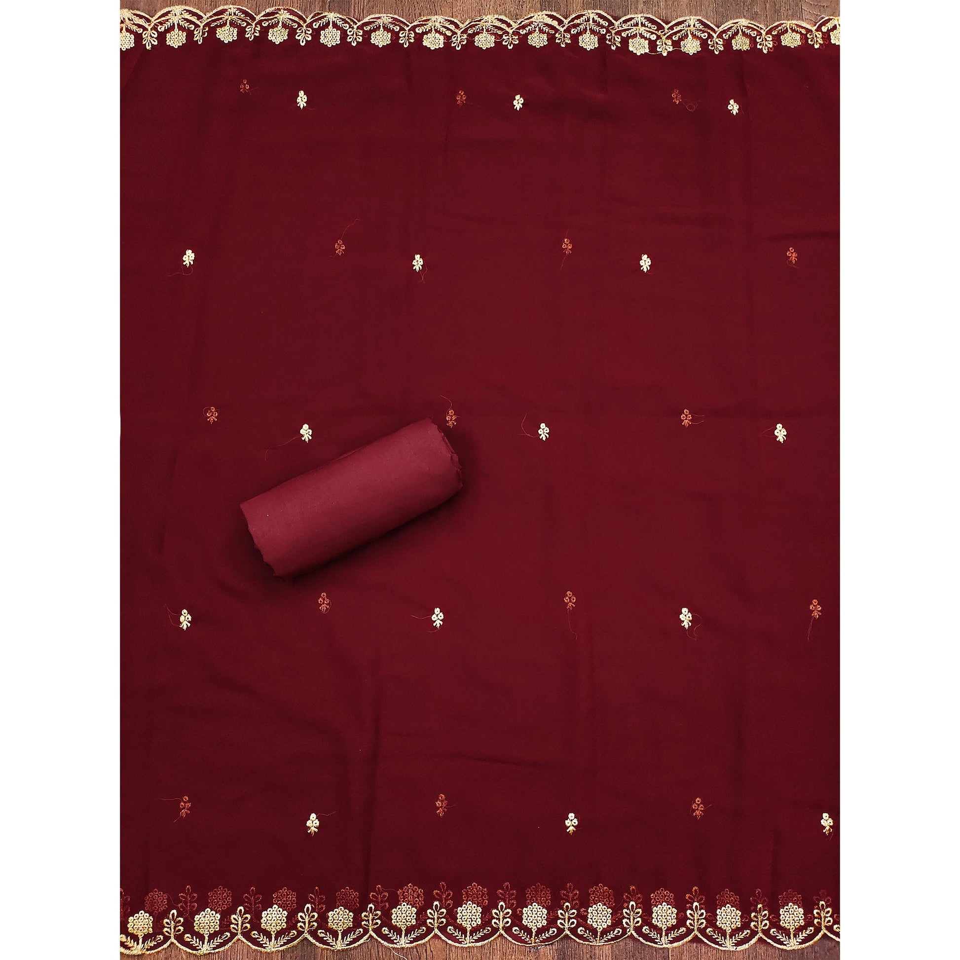 Maroon Floral Embroidered Georgette Dress Material