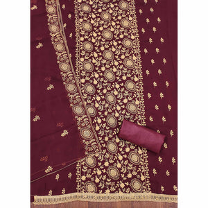 Maroon Floral Embroidered Georgette Dress Material