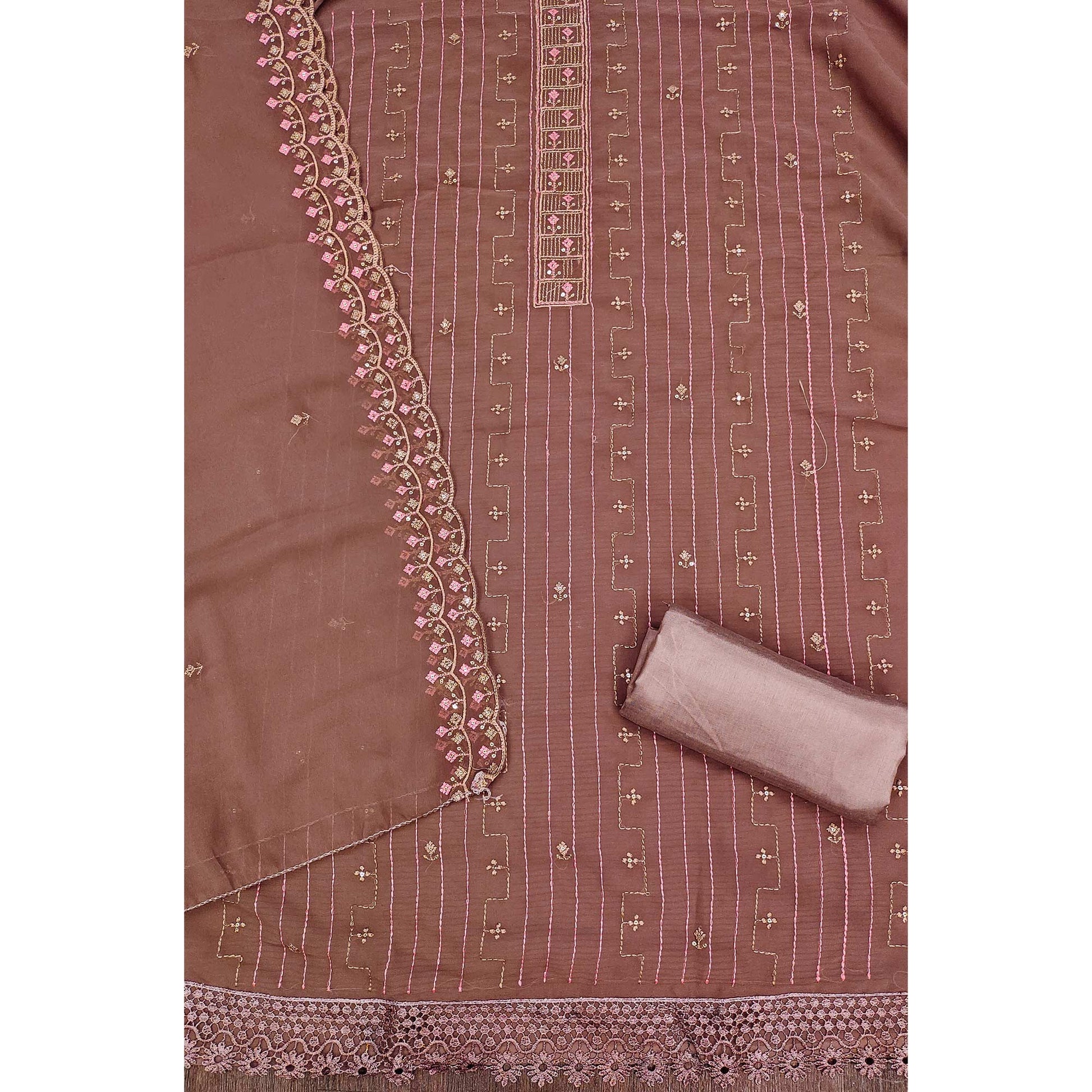 Brown Sequins Embroidered Georgette Dress Material