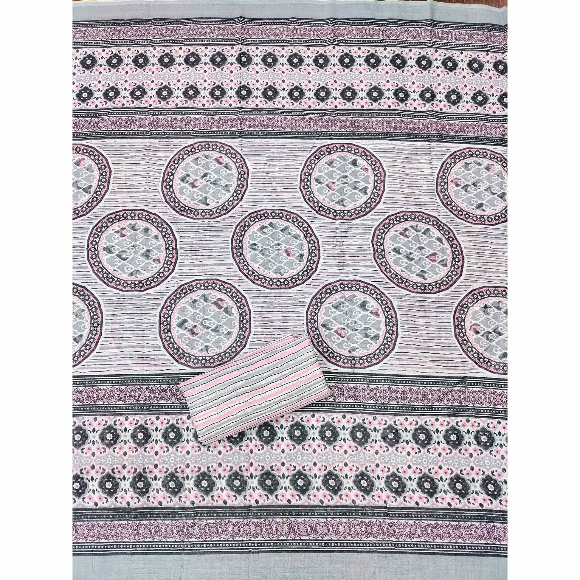 Grey Printed With Embroidered Cotton Blend Dress Material