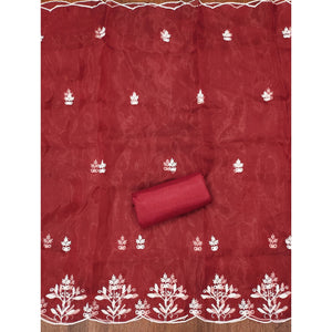 Maroon Floral Embroidered Organza Dress Material