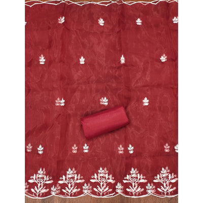 Maroon Floral Embroidered Organza Dress Material