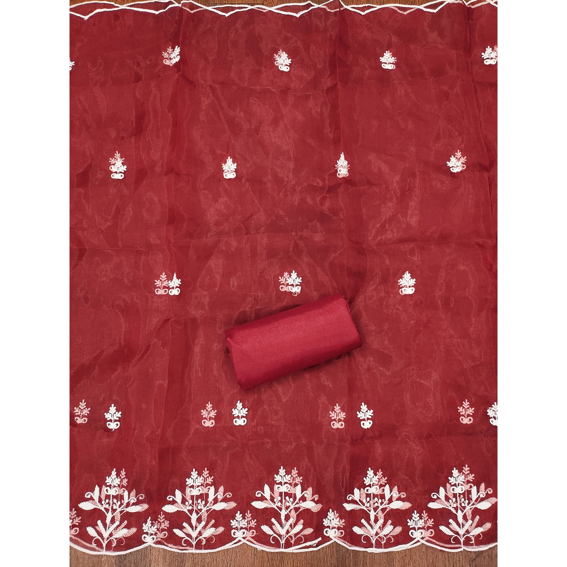 Maroon Floral Embroidered Organza Dress Material