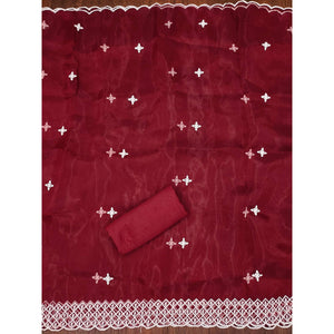 Maroon Floral Embroidered Organza Dress Material