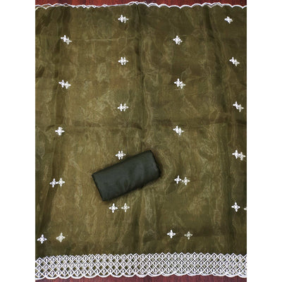 Mehandi Green Floral Embroidered Organza Dress Material