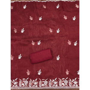 Maroon Floral Embroidered Organza Dress Material
