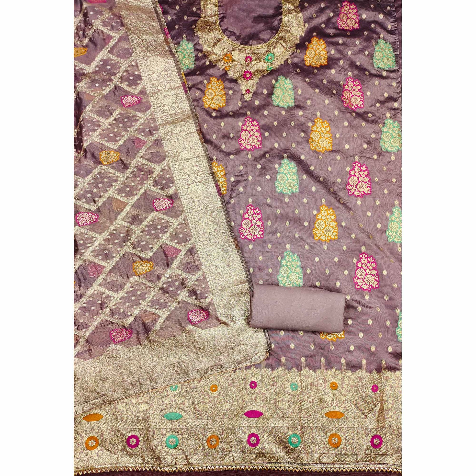 Mauve Floral Woven Jacquard Dress Material