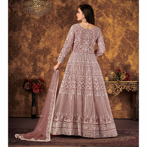 Mauve Floral Embroidered Net Semi Stitched Dress Material