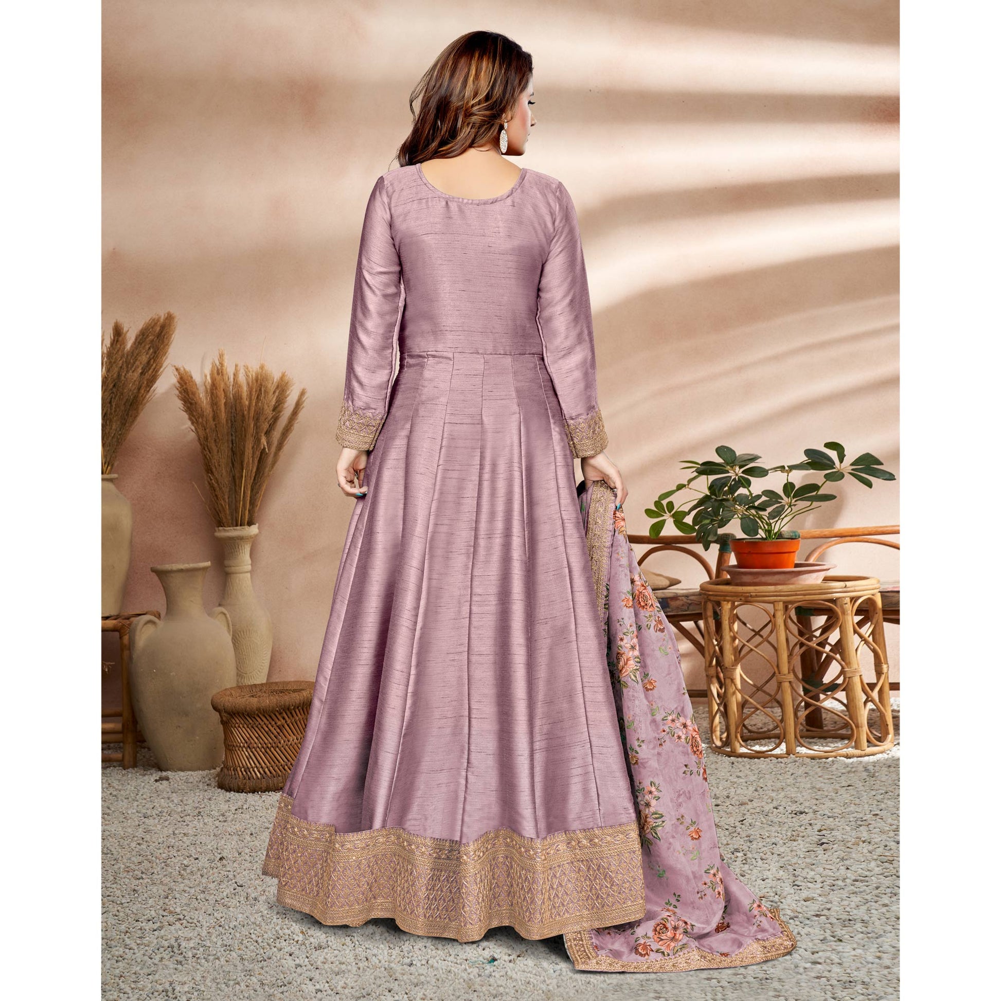 Mauve Embroidered Art Silk Semi Stitched Anarkali Suit