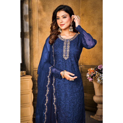 Blue Sequins Floral Embroidered Net Semi Stitched Suit