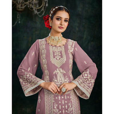 Mauve Floral Embroidered Georgette Semi Stitched Palazzo Suit