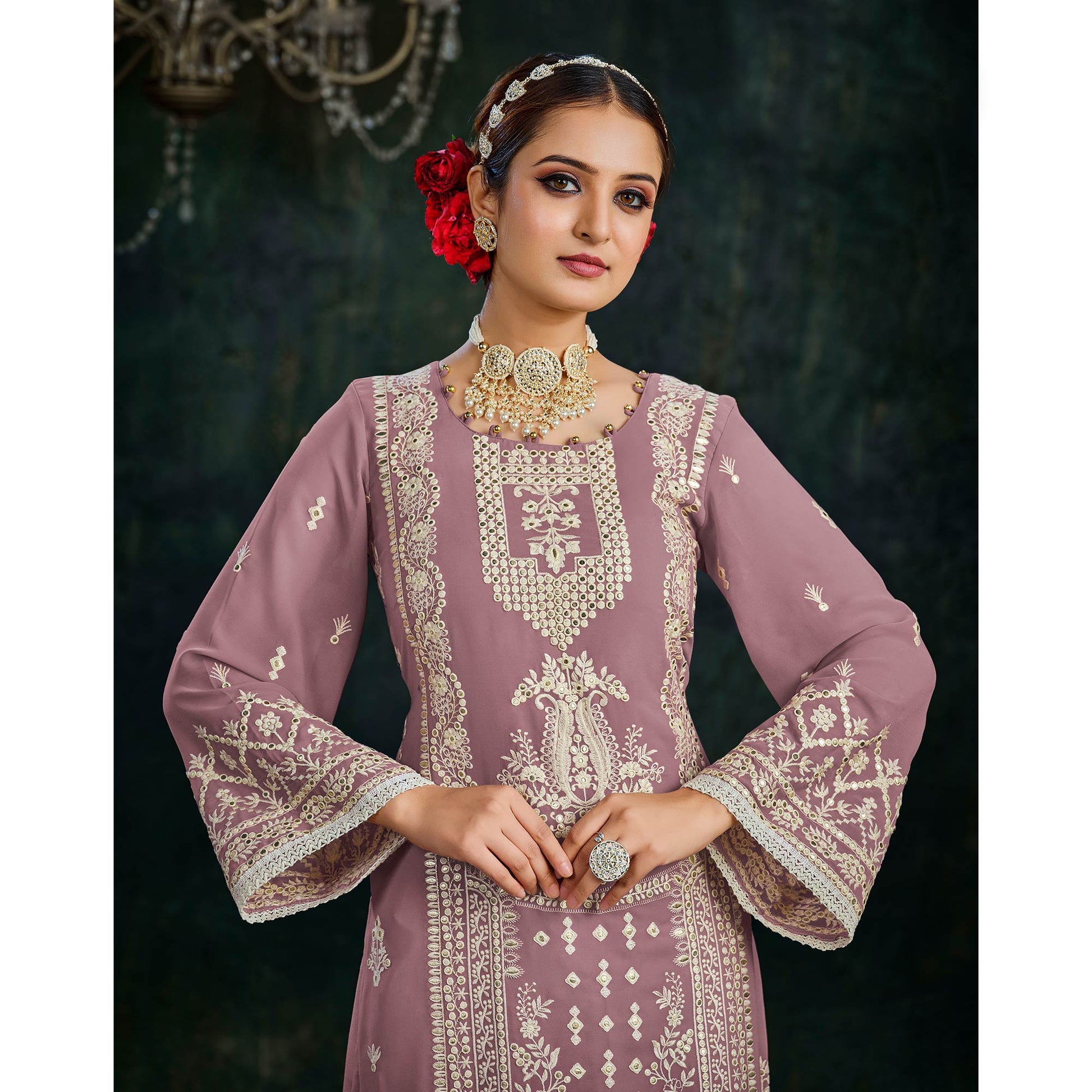 Mauve Floral Embroidered Georgette Semi Stitched Palazzo Suit