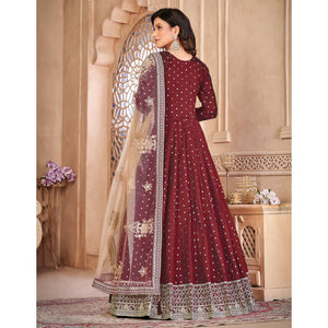Maroon Floral Embroidered Tapetta Silk Semi Stitched Anarkali Suit
