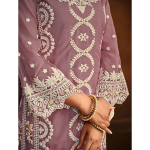 Mauve Floral Embroidered Soft Organza Semi Stithed Suit