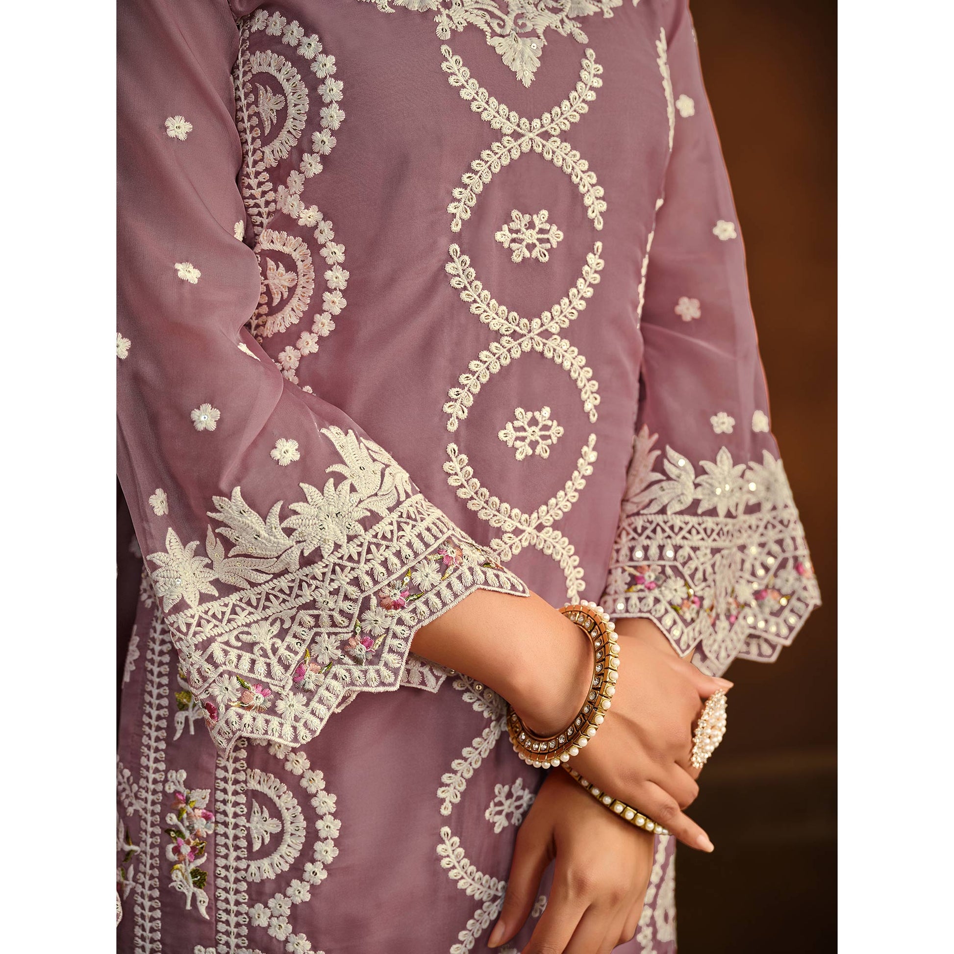 Mauve Floral Embroidered Soft Organza Semi Stithed Suit