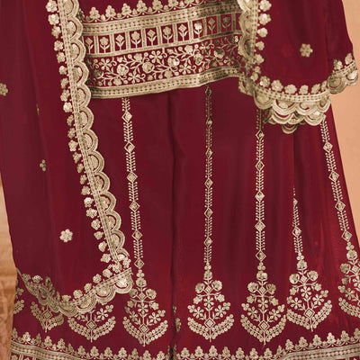 Maroon Floral Embroidery Georgette Semi Stitched Palazzo Suit