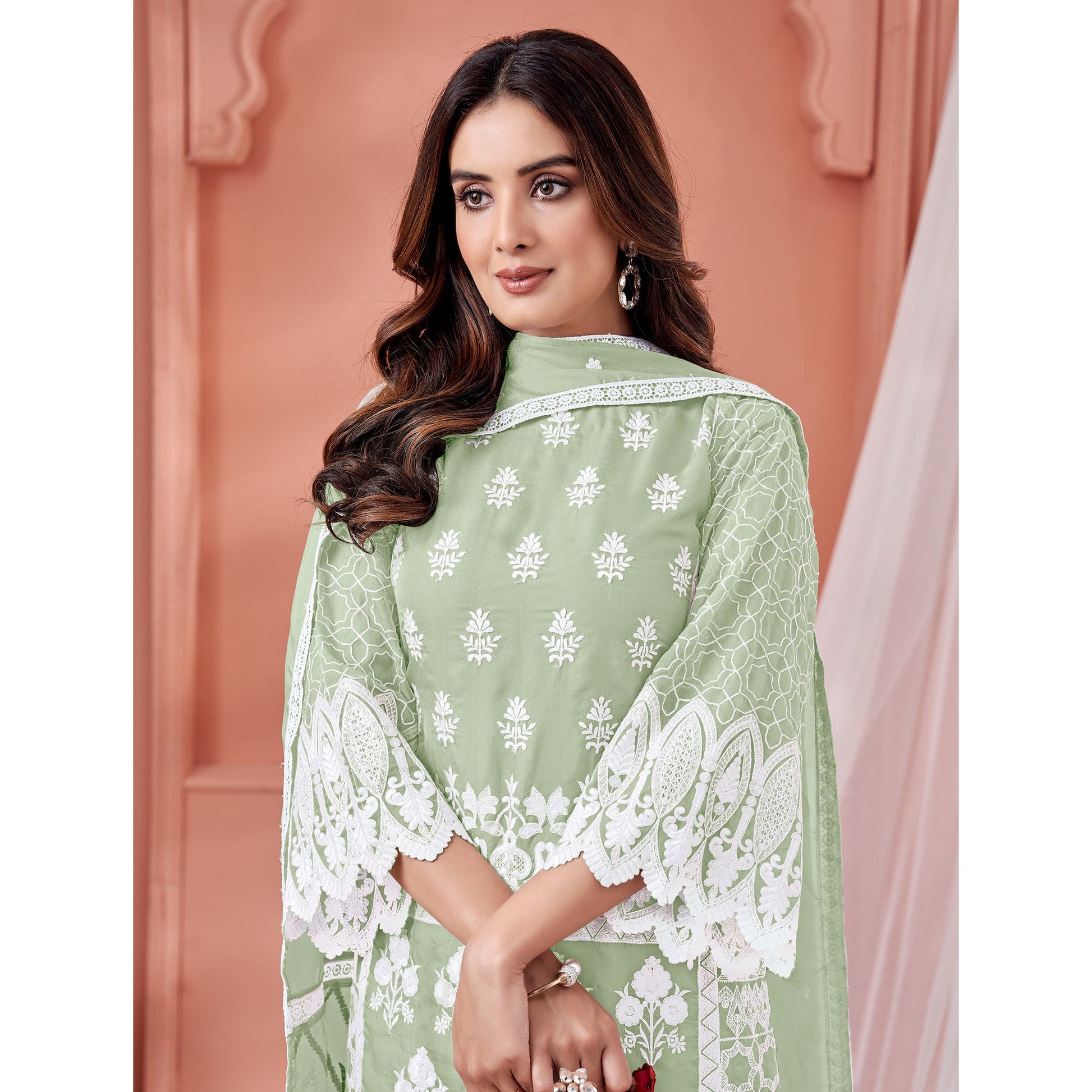 green-floral-embroidered-organza-semi-stitched-suit