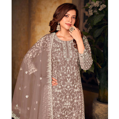 Dusty Brown Floral Embroidered Net Semi Stitched Suit
