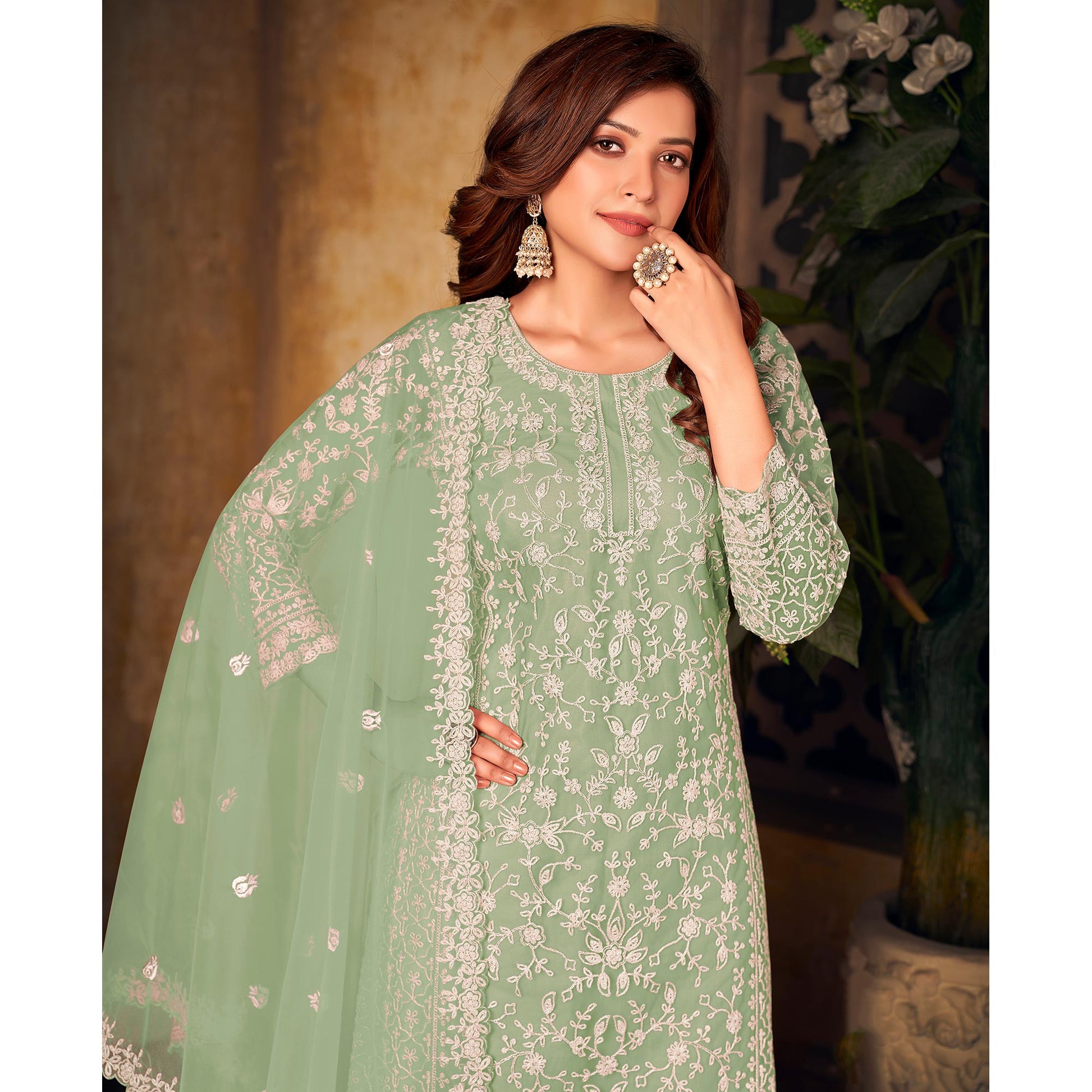 green-floral-embroidered-net-semi-stitched-suit