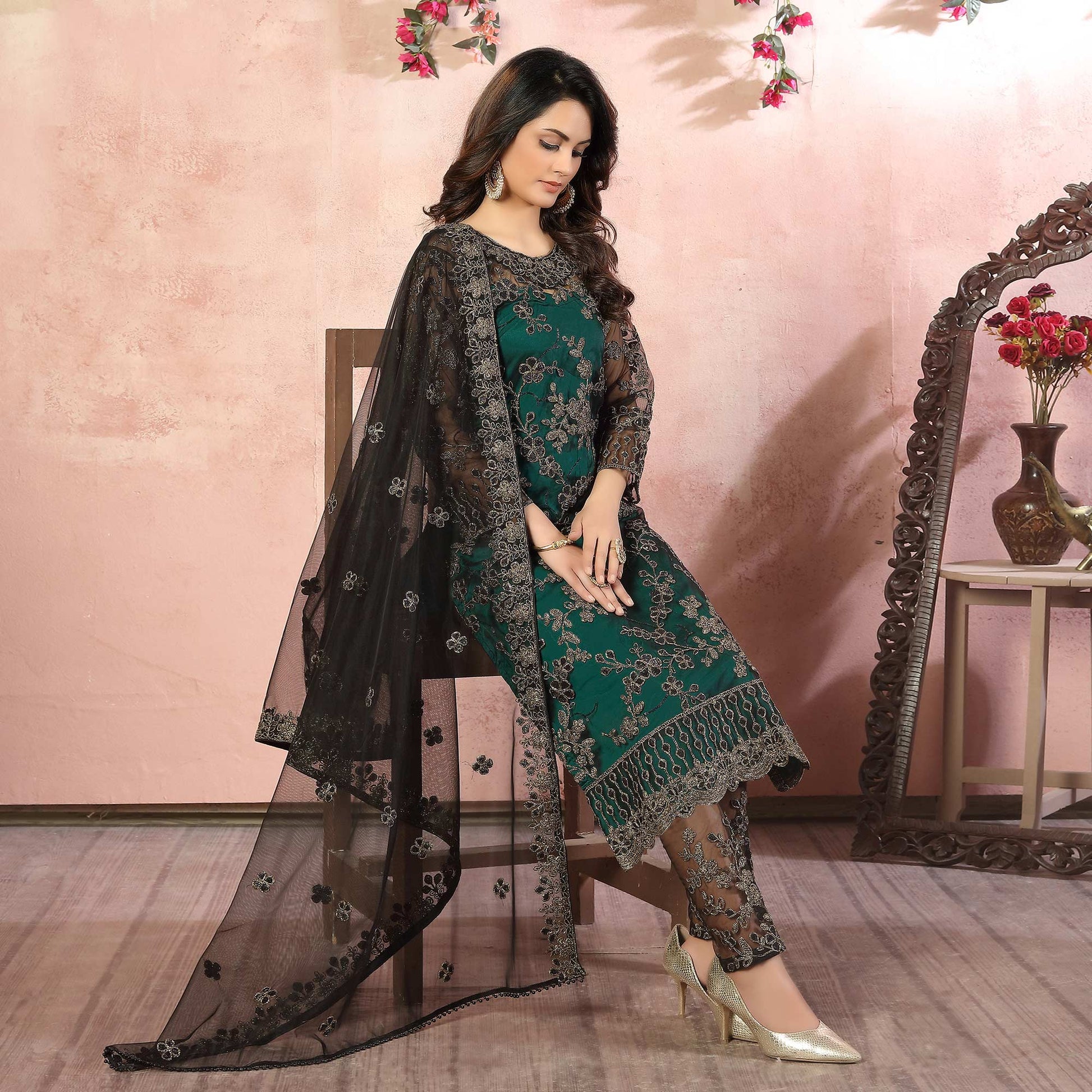 green-floral-embroidered-net-semi-stitched-suit-1