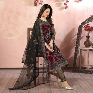 Maroon Floral Embroidered Net Semi Stitched Suit