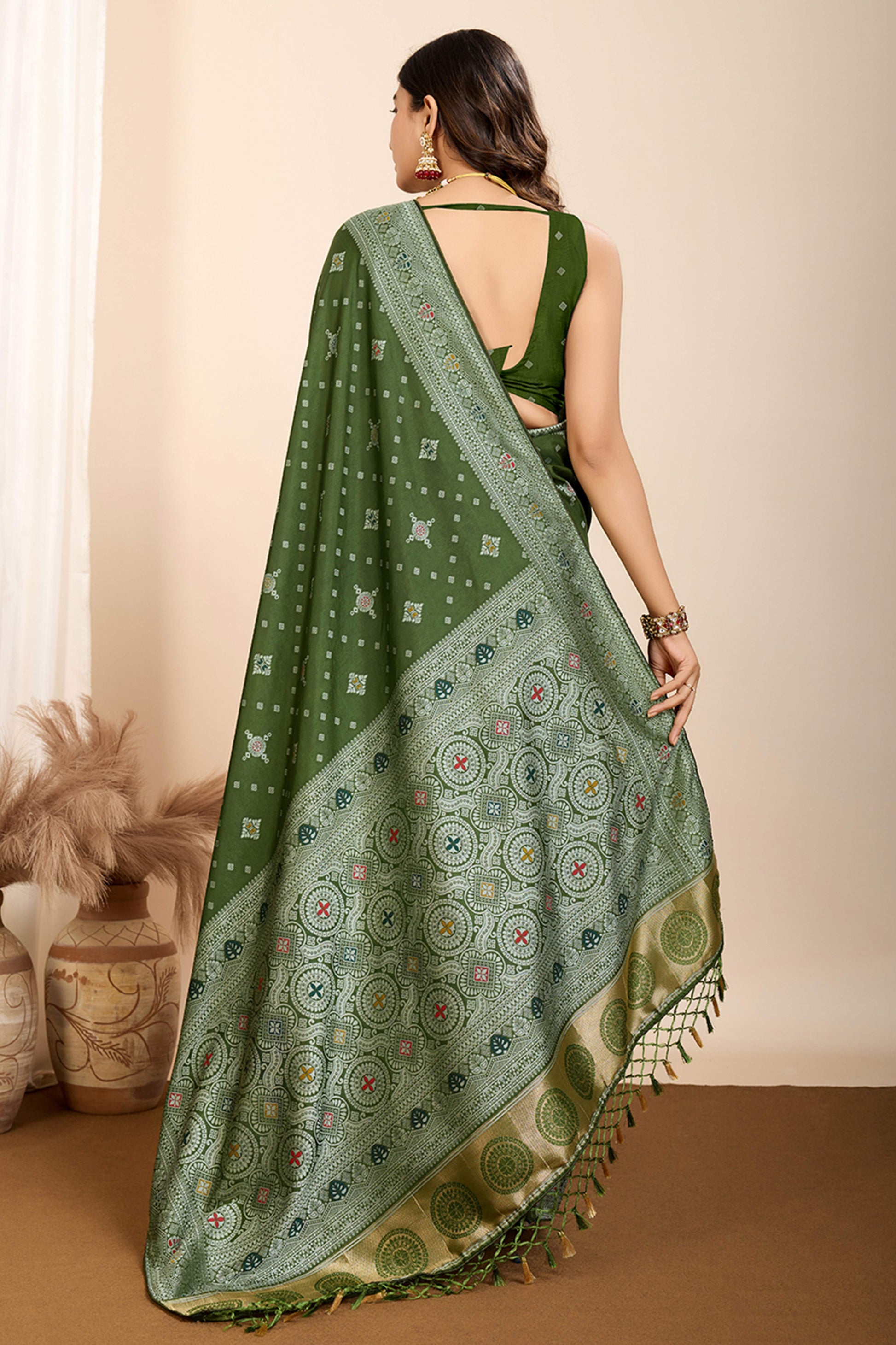 Mehendi Green Minakari Weaving Pure Silk Saree