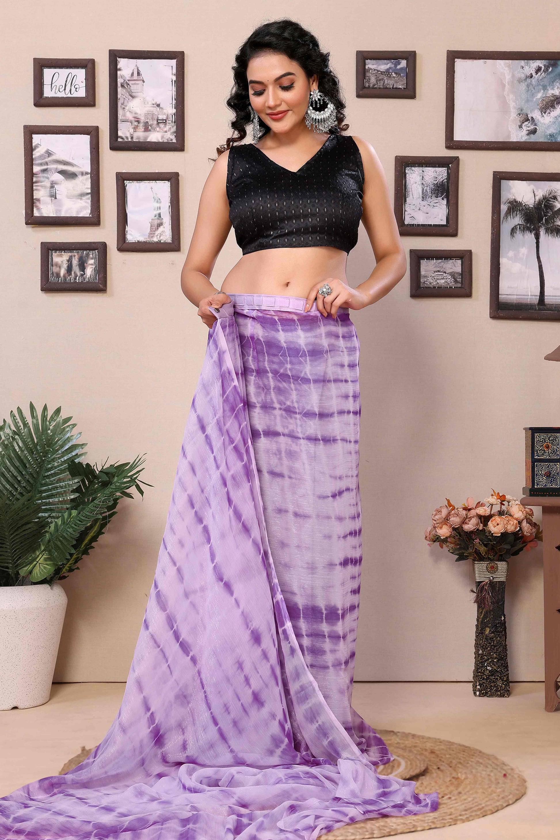 Lavender Shibori Printed Georgette Ready To Wear Saree