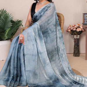 Grey Printed With Diamond Work Zimmi Choo Organza Ready To Wear Saree