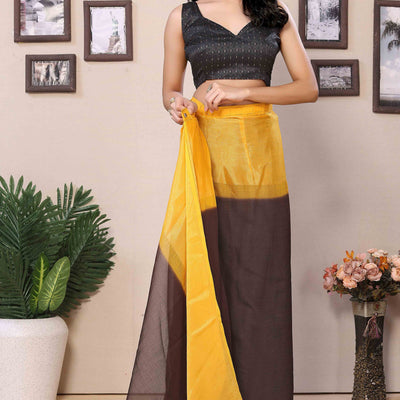 Brown & Yellow Solid With Zari Woven Border Chiffon Ready To Wear Ombre Saree