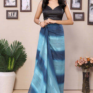 Blue Striped Zari With Digital Printed Georgette Ready To Wear Saree