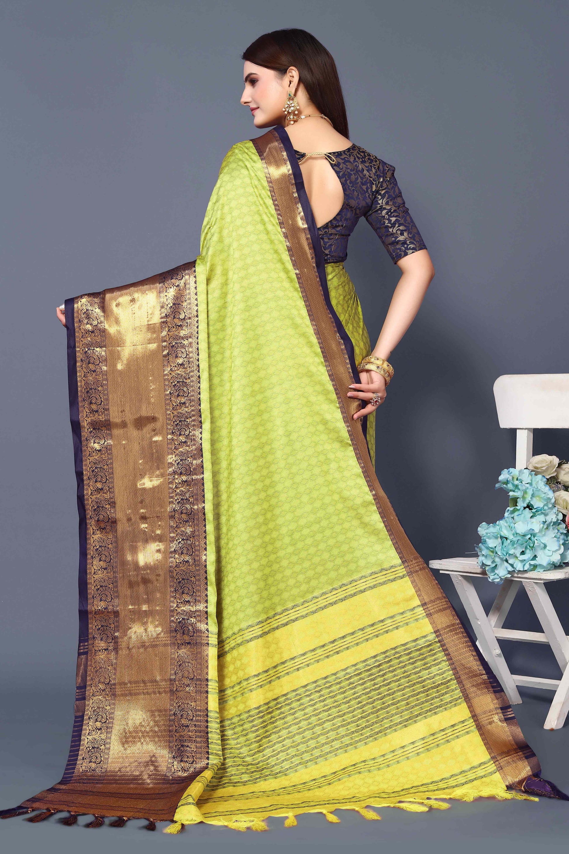 Lemon Green Zari Weaving Cotton Silk Saree