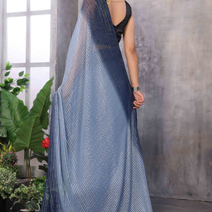 Grey Striped Zari Woven Art Silk Ready To Wear Saree