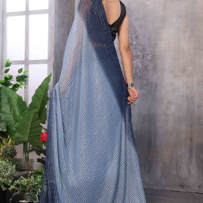 Grey Striped Zari Woven Art Silk Ready To Wear Saree