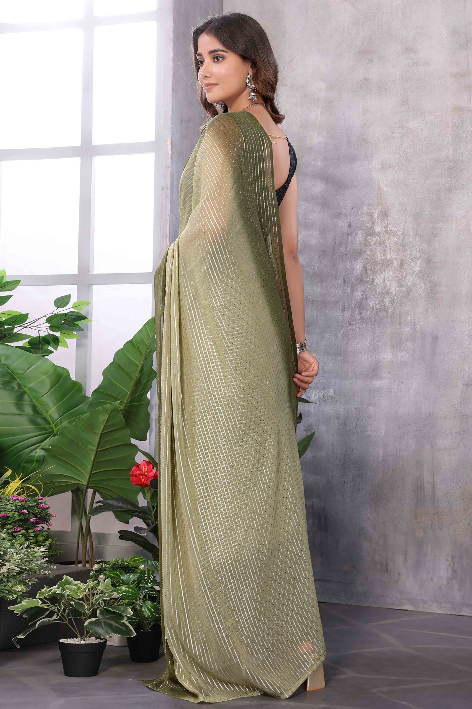 Mehendi Green Striped Zari Woven Art Silk Ready To Wear Saree