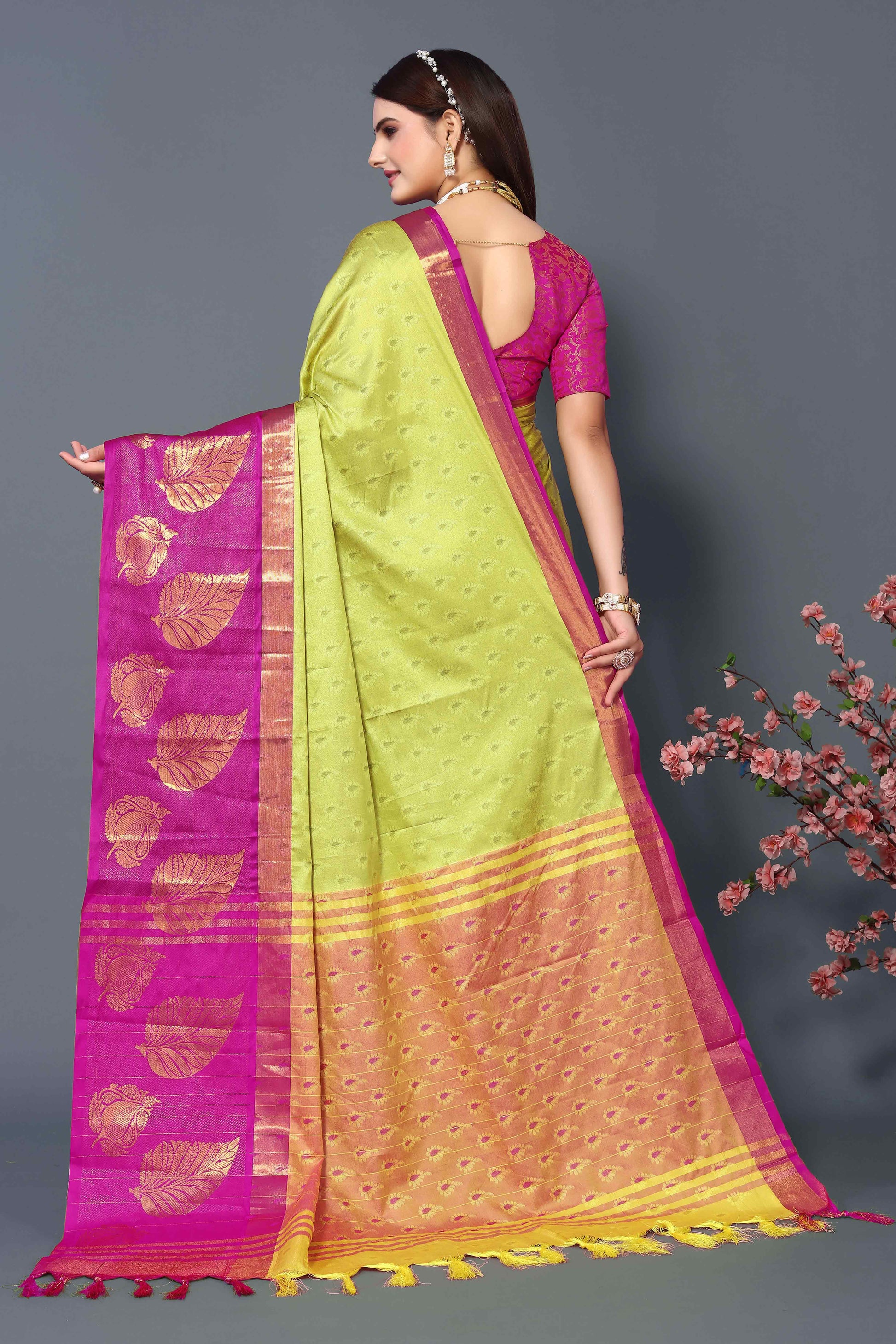 Lime Yellow Zari Weaving Cotton Silk Saree