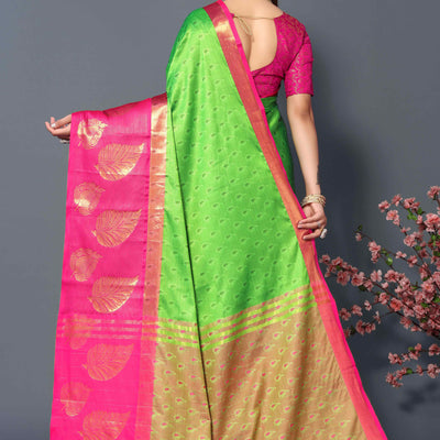 Lemon Green Zari Weaving Cotton Silk Saree