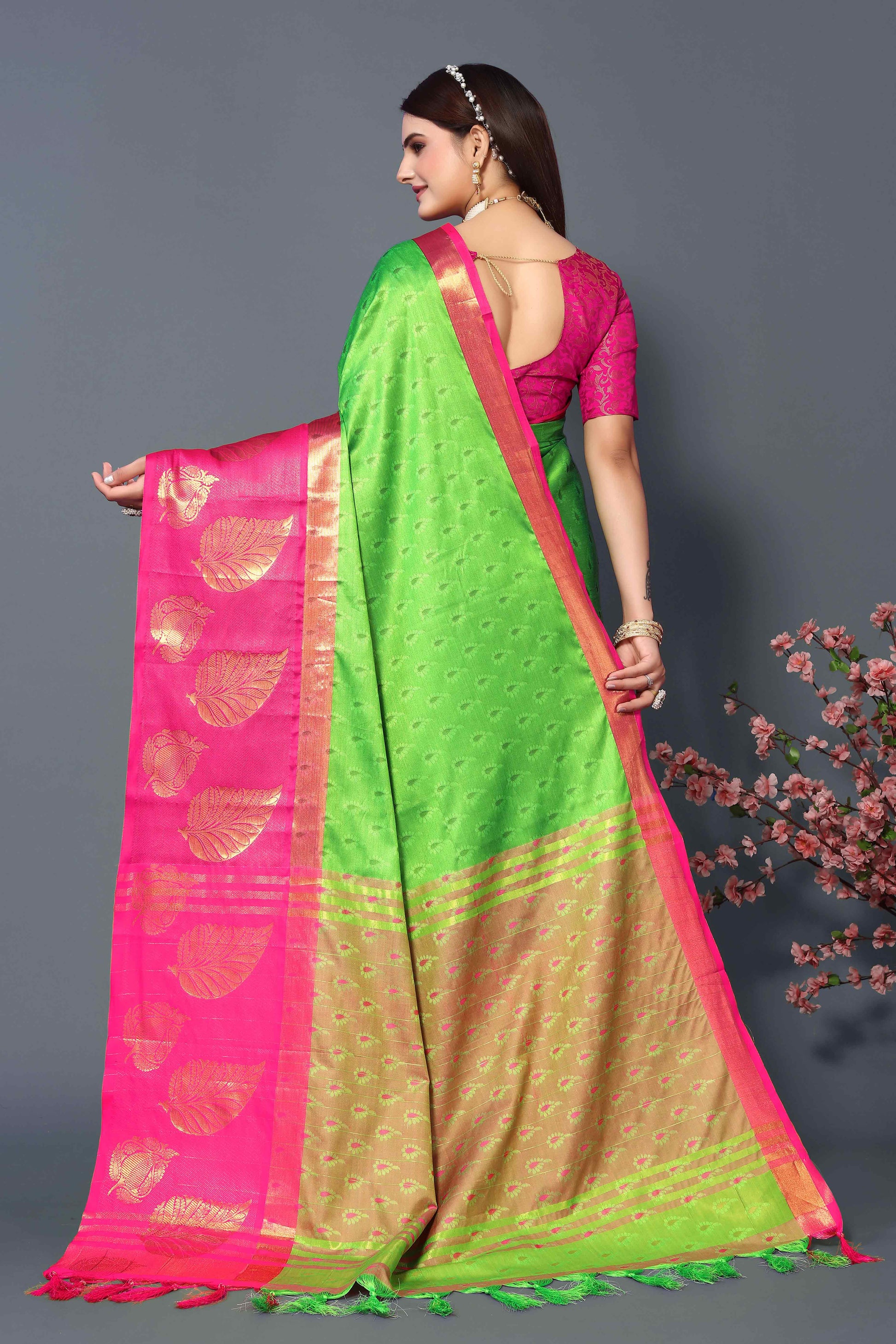 Lemon Green Zari Weaving Cotton Silk Saree