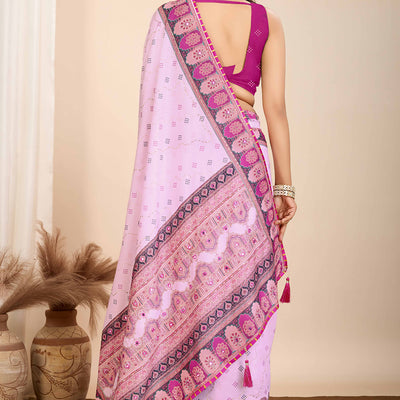 Light Purple Digital Print with Embroidery Work Muslin Saree