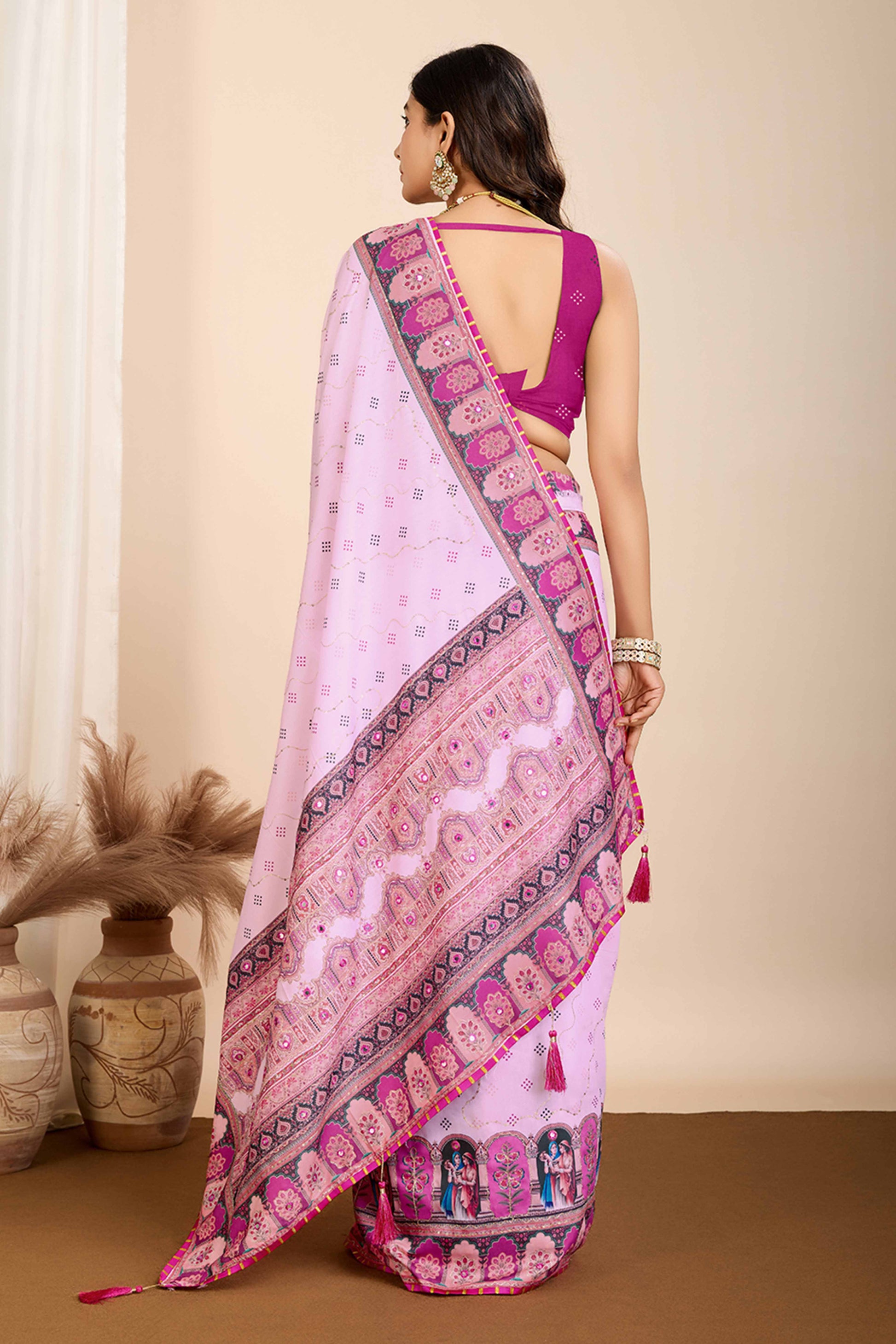 Light Purple Digital Print with Embroidery Work Muslin Saree