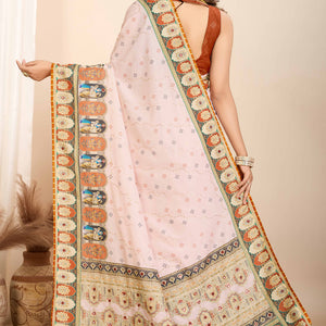 Cream Digital Print with Embroidery Work Muslin Saree