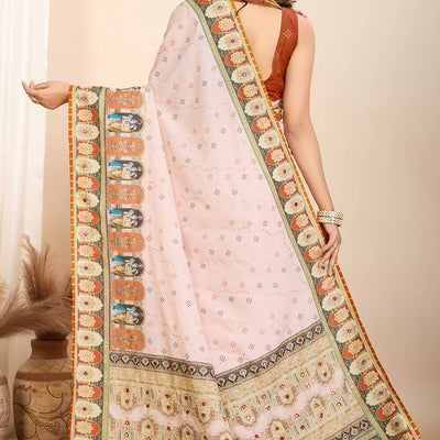 Cream Digital Print with Embroidery Work Muslin Saree