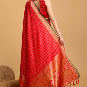 Cherry Red Zari Weaving Banarasi Silk Saree