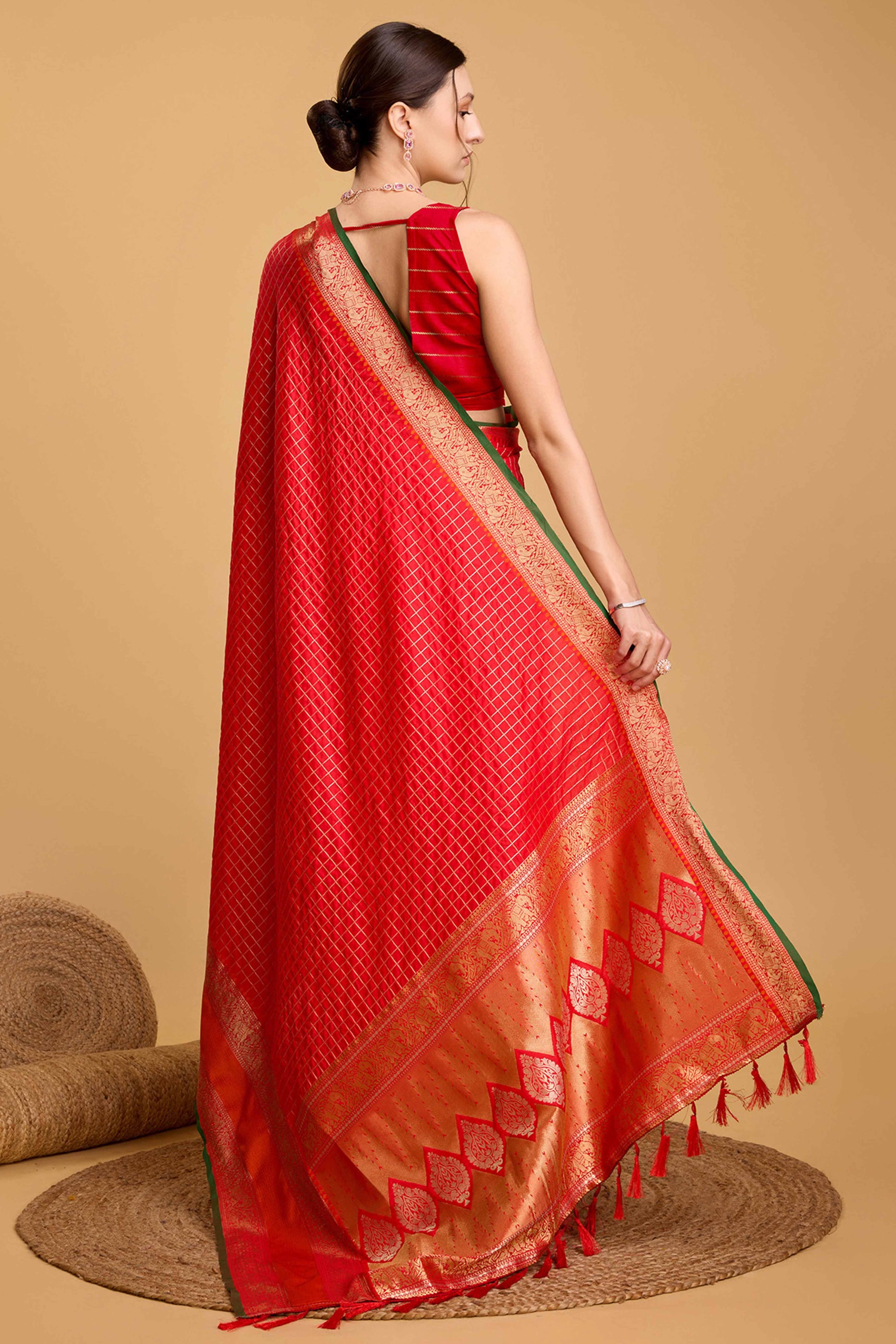 Cherry Red Zari Weaving Banarasi Silk Saree
